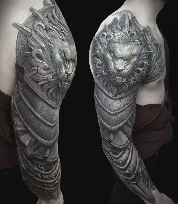 Реализм Lion, Armor tattoo на Полный рукав