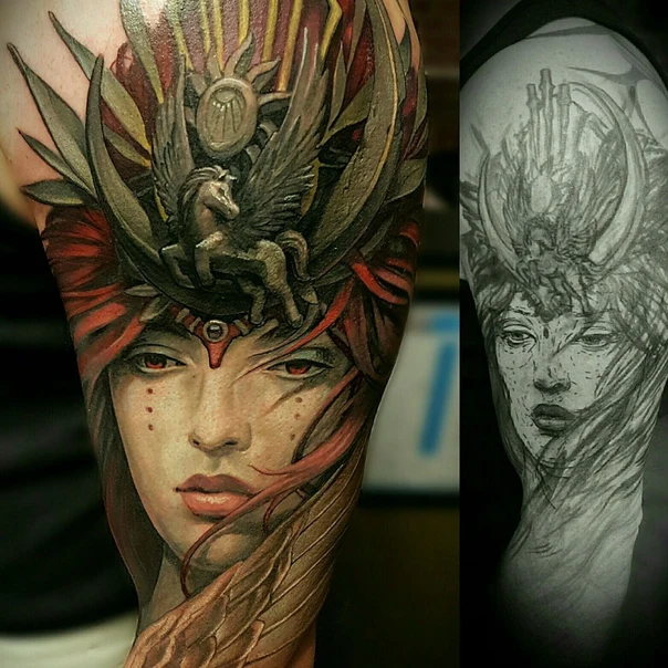Реализм Woman, Pegasus tattoo на Полный рукав