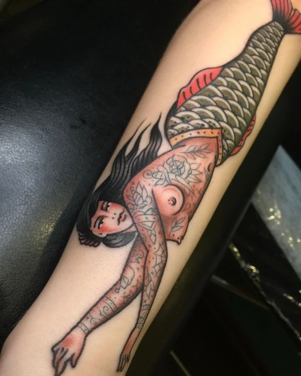 Traditional Mermaid, Floral tattoo on Forearm