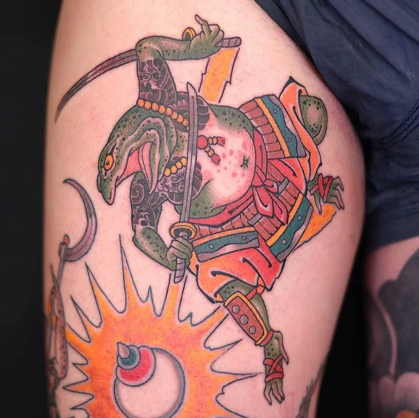 Japanese Frog, Samurai tattoo on Thigh