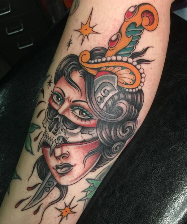 Neo Traditional Skull, Dagger tattoo on Forearm