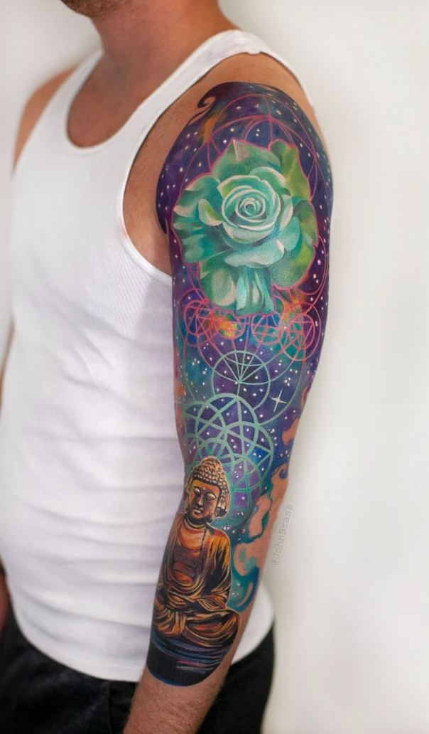 Realism Buddha, Rose tattoo on Full Sleeve