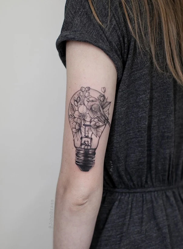 Fineline Bird, Flowers tattoo on Forearm