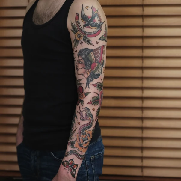 Traditional Swallow, Snake tattoo on Full Sleeve