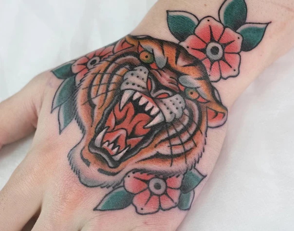 Traditional Tiger, Flowers tattoo on Back of Hand