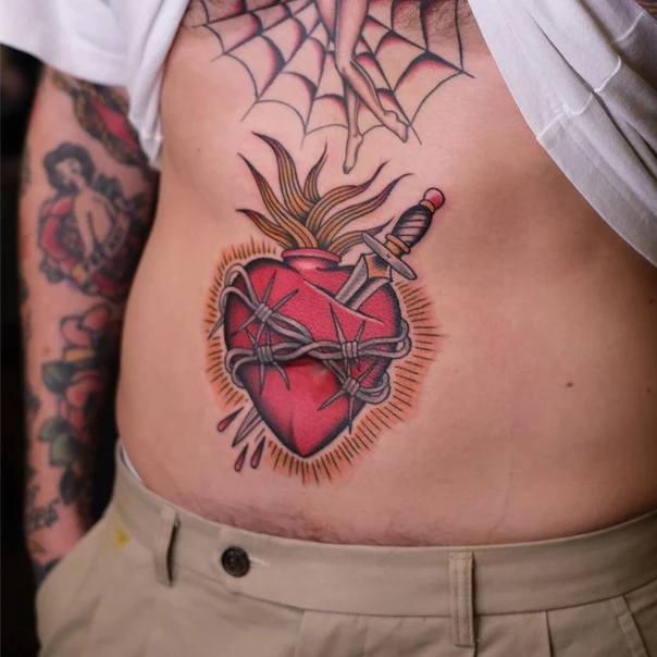 Traditional Heart, Dagger tattoo on Stomach