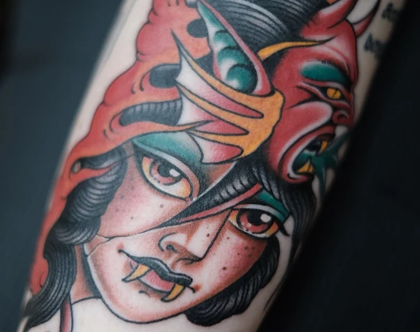 Neo Traditional Demon, Face tattoo on Forearm