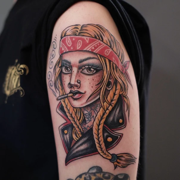 Neo Traditional Portrait, Woman tattoo on Upper Arm