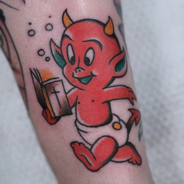 Traditional Devil, Book tattoo on Forearm