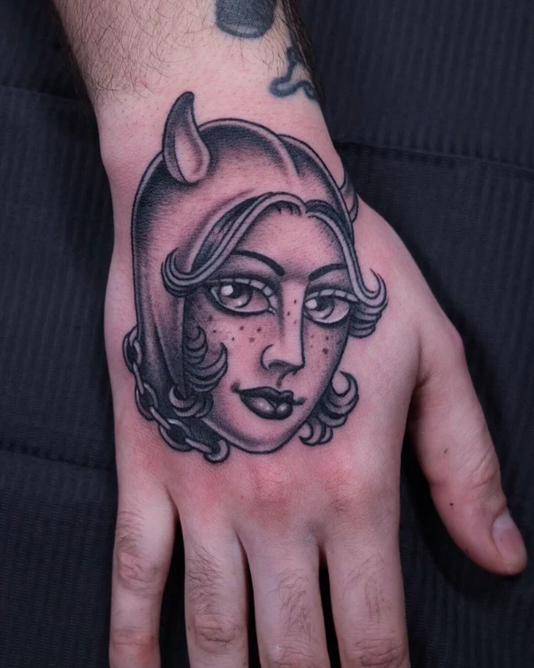 Black & Grey Face, Devil tattoo on Back of Hand