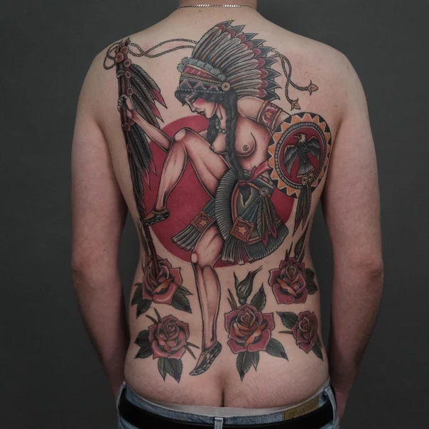 Traditional Native american, Rose tattoo on Full Back
