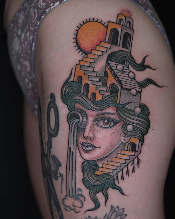 Illustrative Face, Architecture tattoo on Thigh