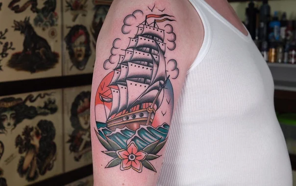 Old School Ship, Flower tattoo on Upper Arm