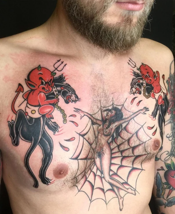 Old School Devil, Panther tattoo on Chest