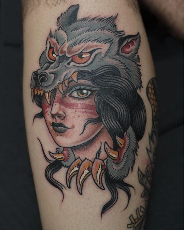 Neo Traditional Wolf, Portrait tattoo on Calf