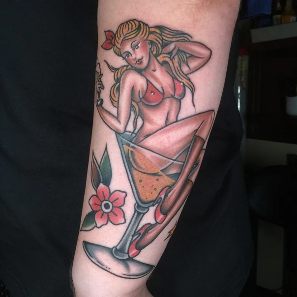 Traditional Pin-up, Cocktail tattoo on Forearm