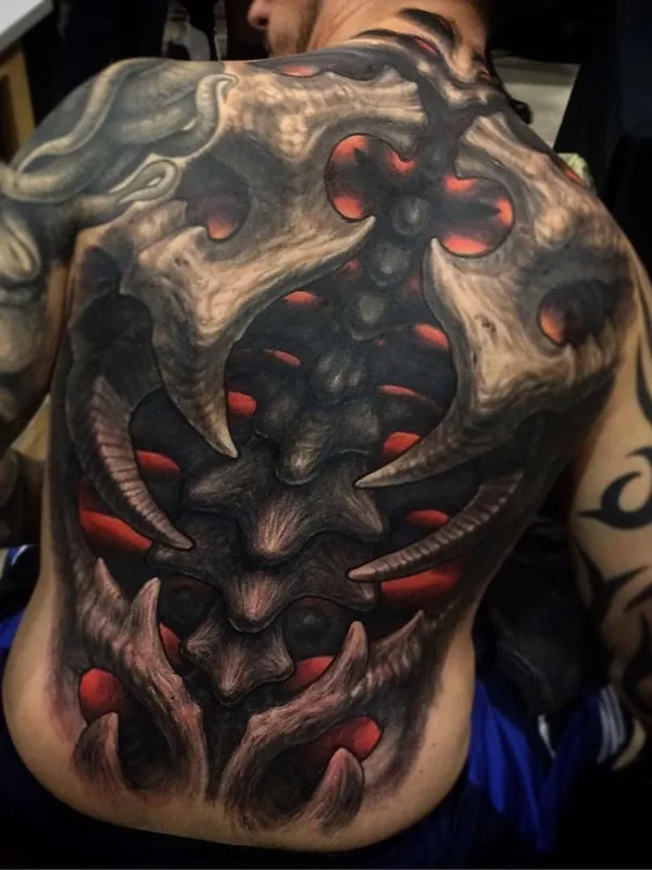 male color biomechanical 纹身 在 full back #40655 | 纹身师 Степан Негур