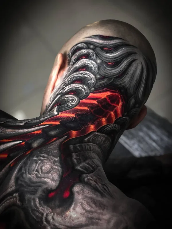 color biomechanical 纹身 在 back of neck #40656 | 纹身师 Степан Негур