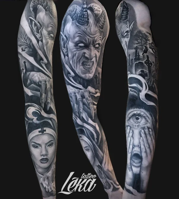 Реализм Demon, Eye tattoo на Полный рукав
