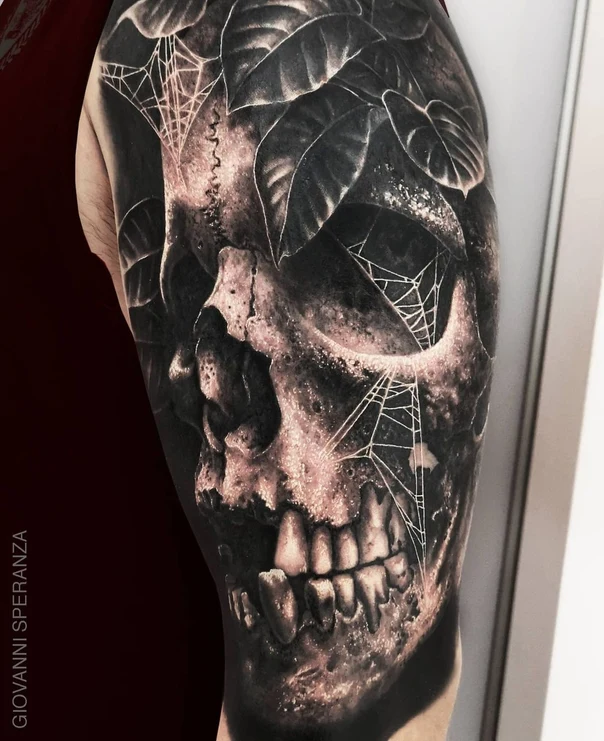 Realism Skull, Leaves tattoo on Upper Arm