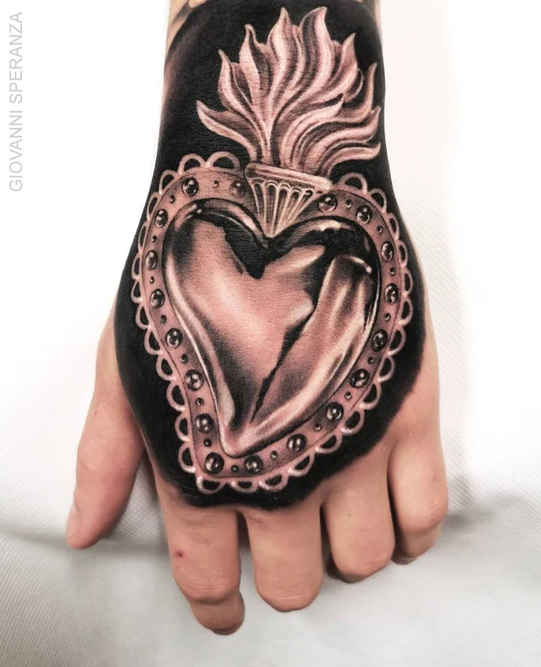 Black & Grey Heart, Flame tattoo on Hand