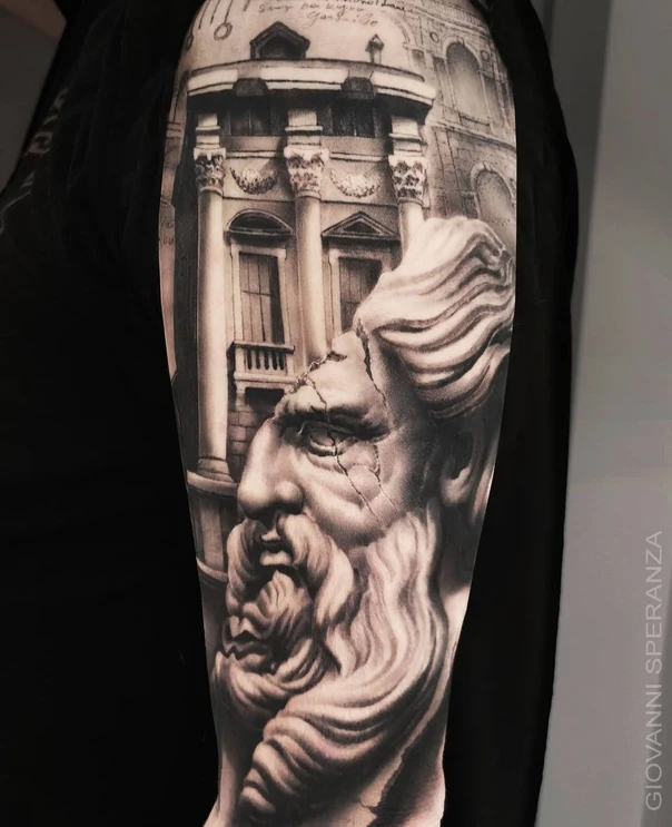 Realism Portrait, Architecture tattoo on Full Sleeve