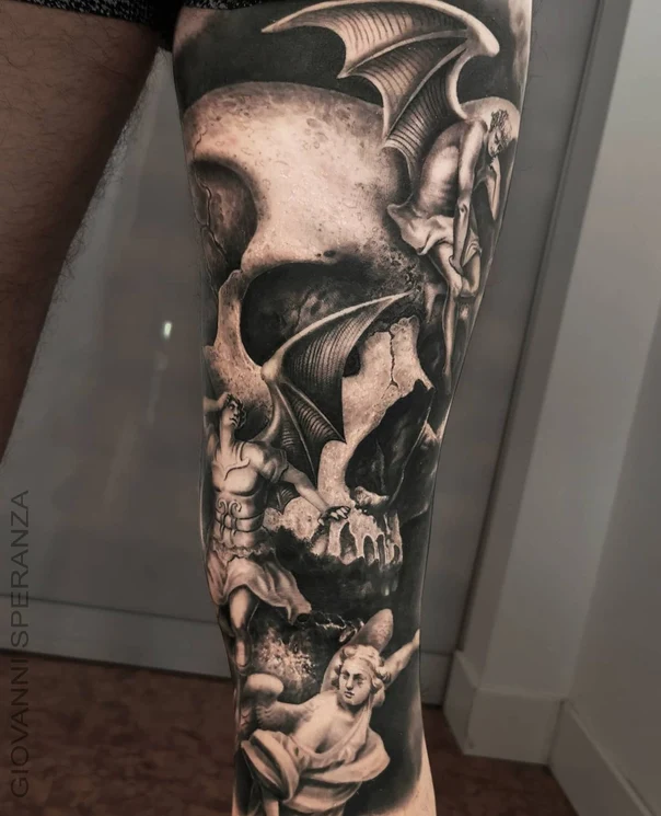Realism Skull, Angel tattoo on Calf