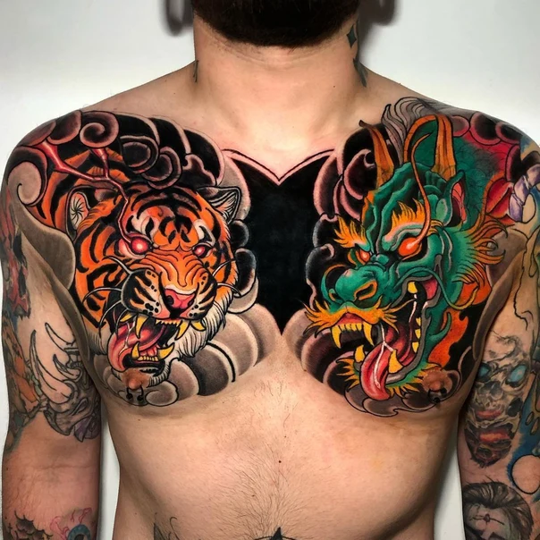 Japanese Tiger, Dragon tattoo on Chest