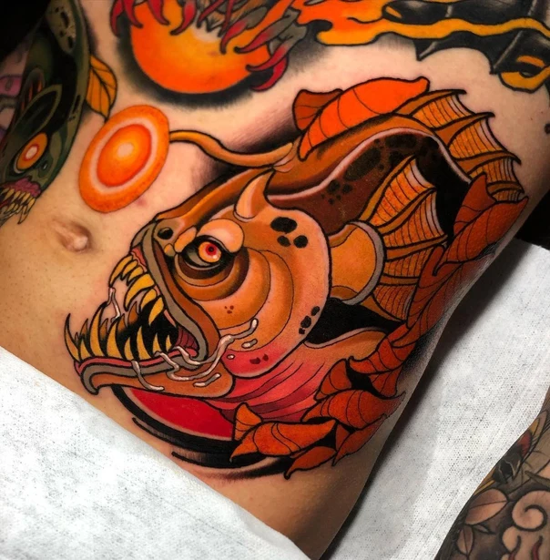 Neo Traditional Fish, Monster tattoo on Stomach