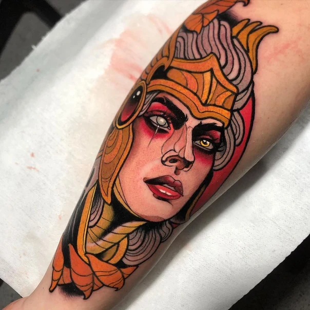 Neo Traditional Woman, Helmet tattoo on Forearm