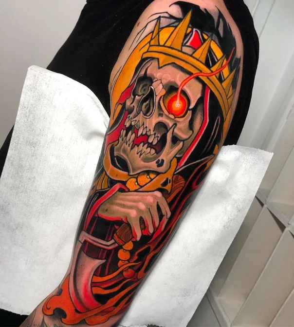 Neo Traditional Skull, Crown tattoo on Full Sleeve