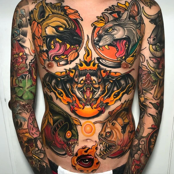 Neo Traditional Animals, Fire tattoo on Chest