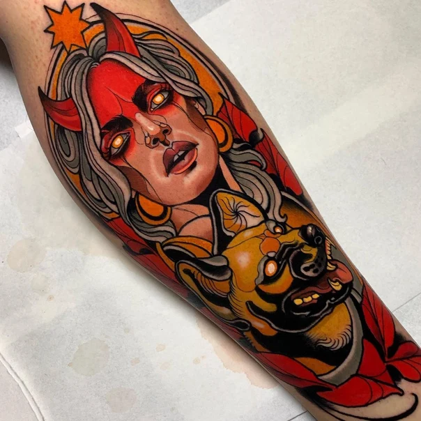 Neo Traditional Demon, Dog tattoo on Forearm