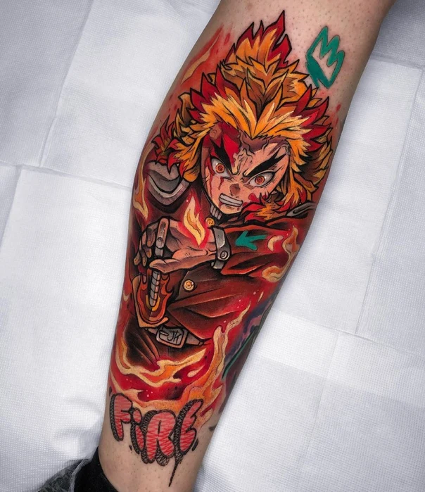 Anime Character, Fire tattoo on Calf