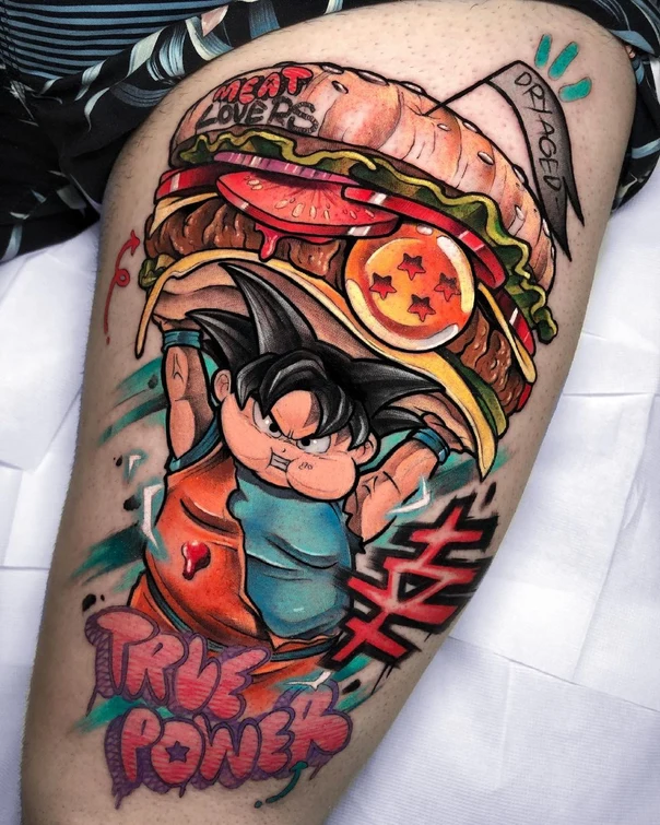 Anime Burger, Anime tattoo on Thigh