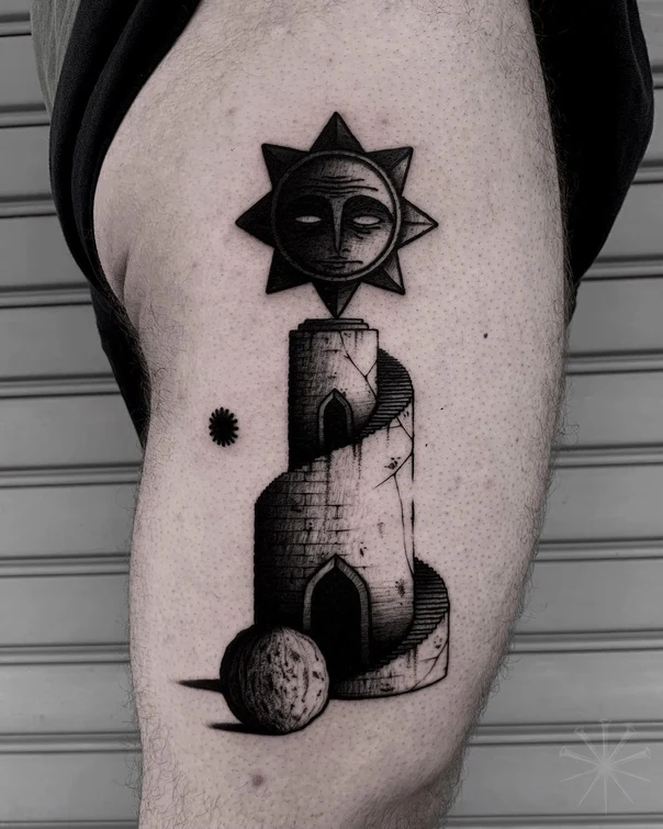 Blackwork Sun, Tower tattoo on Thigh