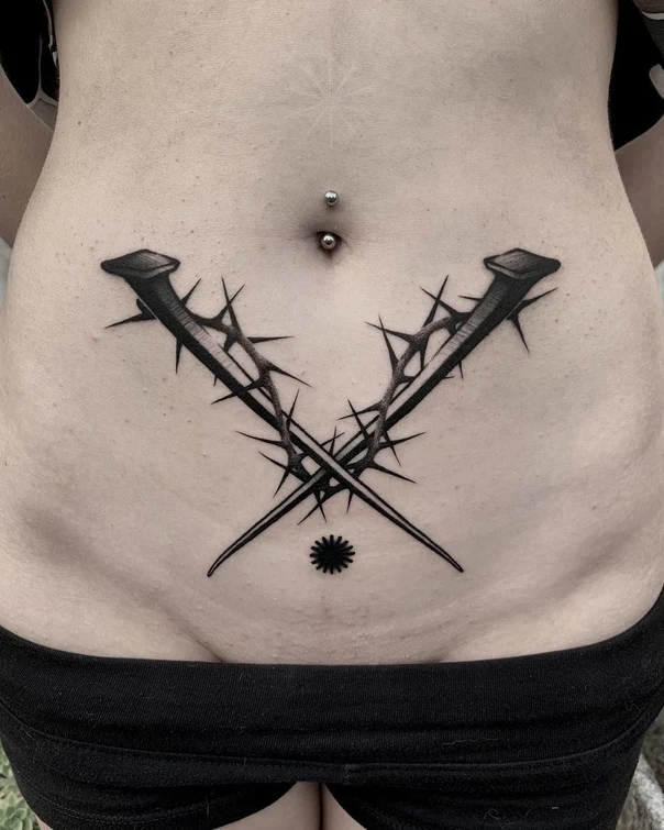 Blackwork Thorns, Nails tattoo on Stomach