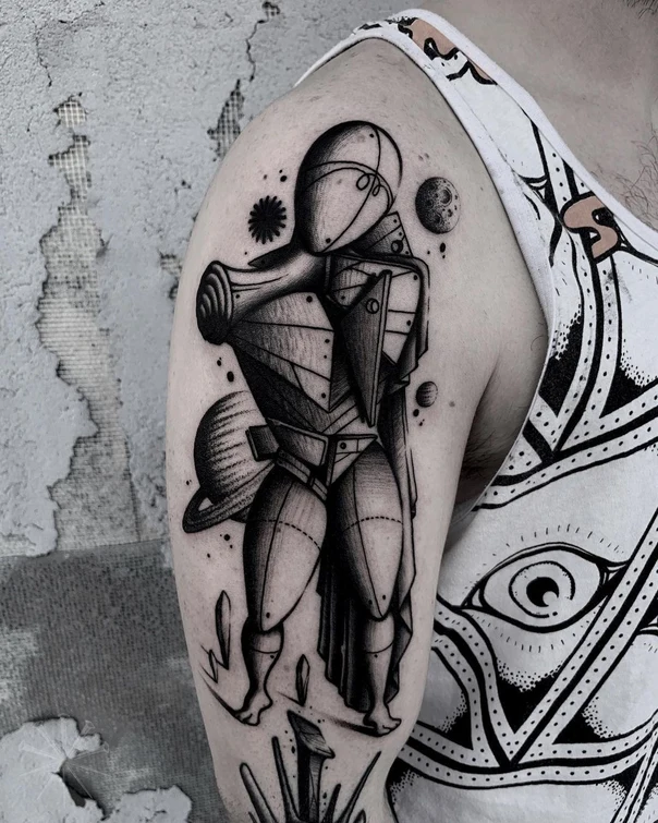 Geometric Robot, Planets tattoo on Upper Arm