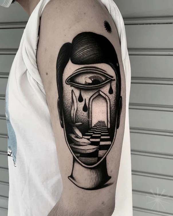 Surrealism Face, Eye tattoo on Upper Arm