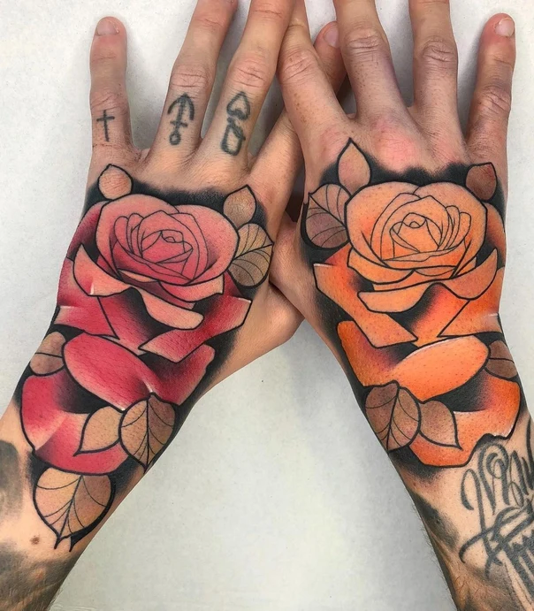 Traditional Rose, Leaves tattoo on Hand