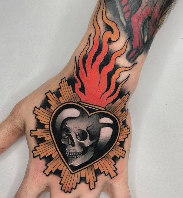 Traditional Skull, Heart tattoo on Hand