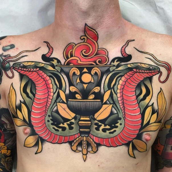 Neo Traditional Snake, Ornamental tattoo on Chest