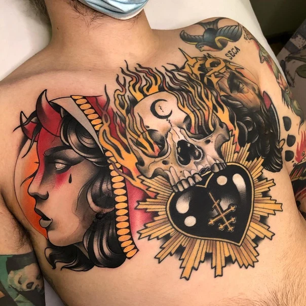 Neo Traditional Skull, Heart tattoo on Chest