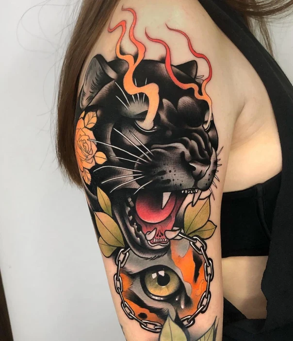 Neo Traditional Panther, Eye tattoo on Upper Arm