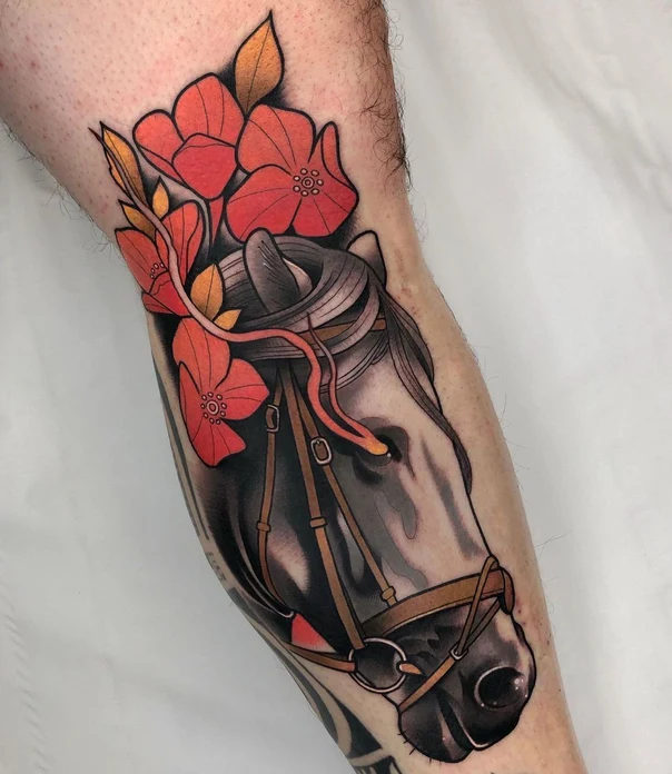 Neo Traditional Horse, Flowers tattoo on Calf
