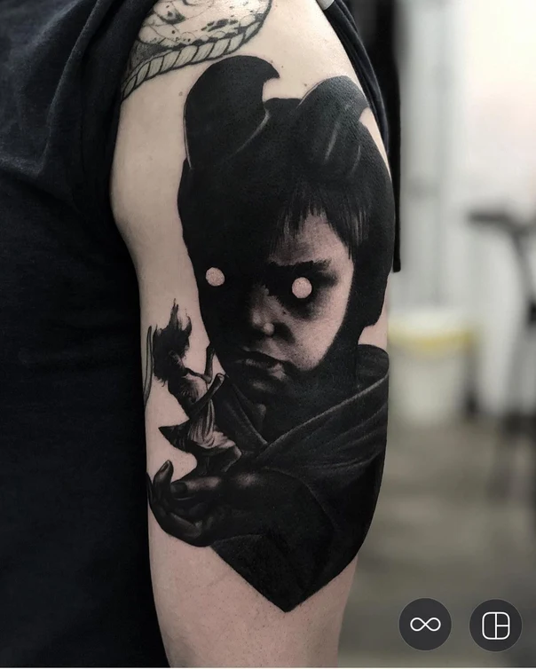 Blackwork Portrait, Demon tattoo on Upper Arm