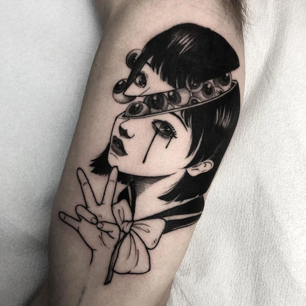 Blackwork Portrait, Eyes tattoo on Forearm