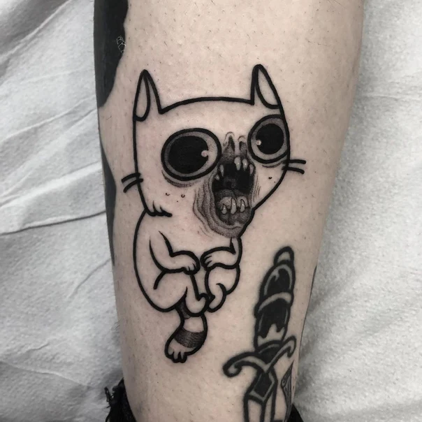 Blackwork Cat, Zombie tattoo on Calf