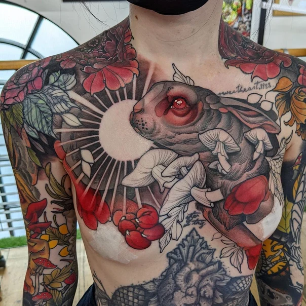 Illustrative Rabbit, Mushrooms tattoo on Chest