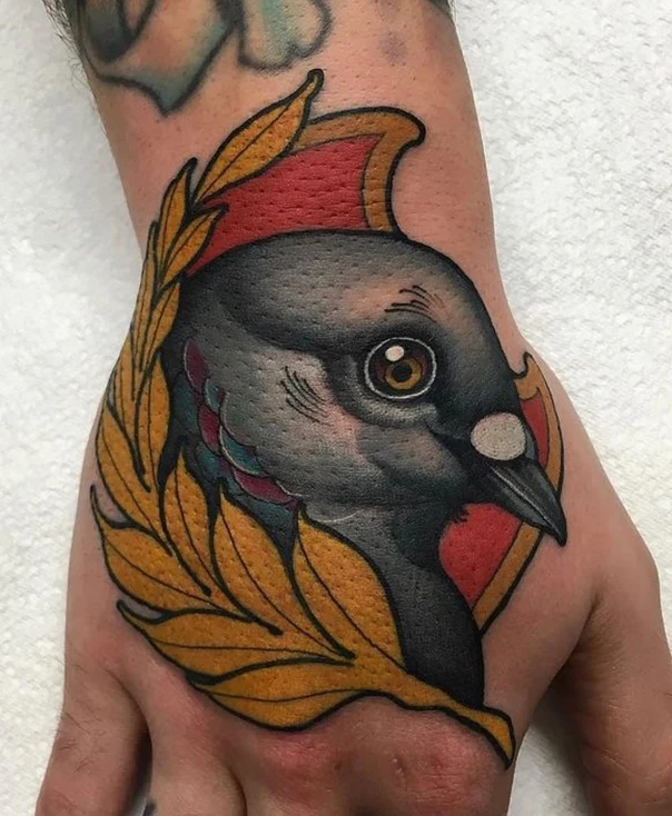 Neo Traditional Bird, Leaf tattoo on Back of Hand